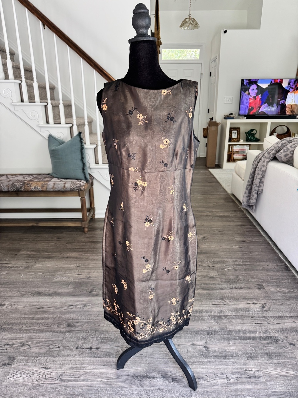 Liz Claiborne Black Midi Dress with Gold Floral Embroidery